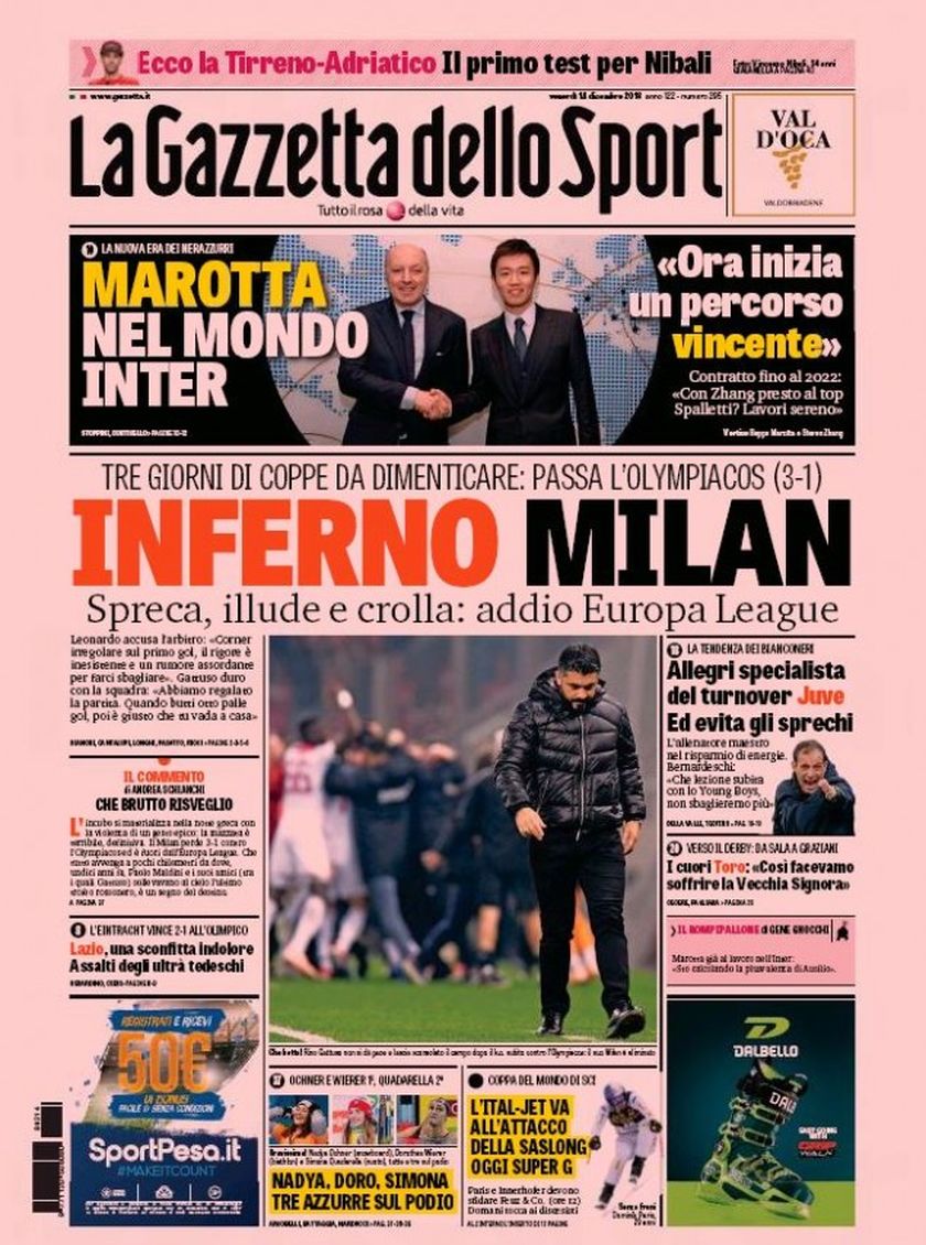 Gazzetta Dello Sport: «Κόλαση για τη Μίλαν» 