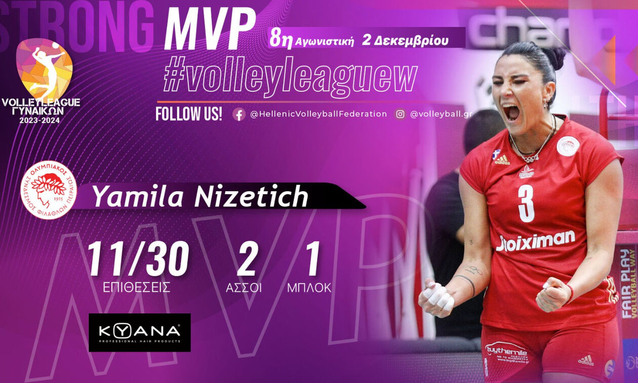 Volley League Γυναικών: MVP της 8ης αγωνιστικής η Νίζετιχ