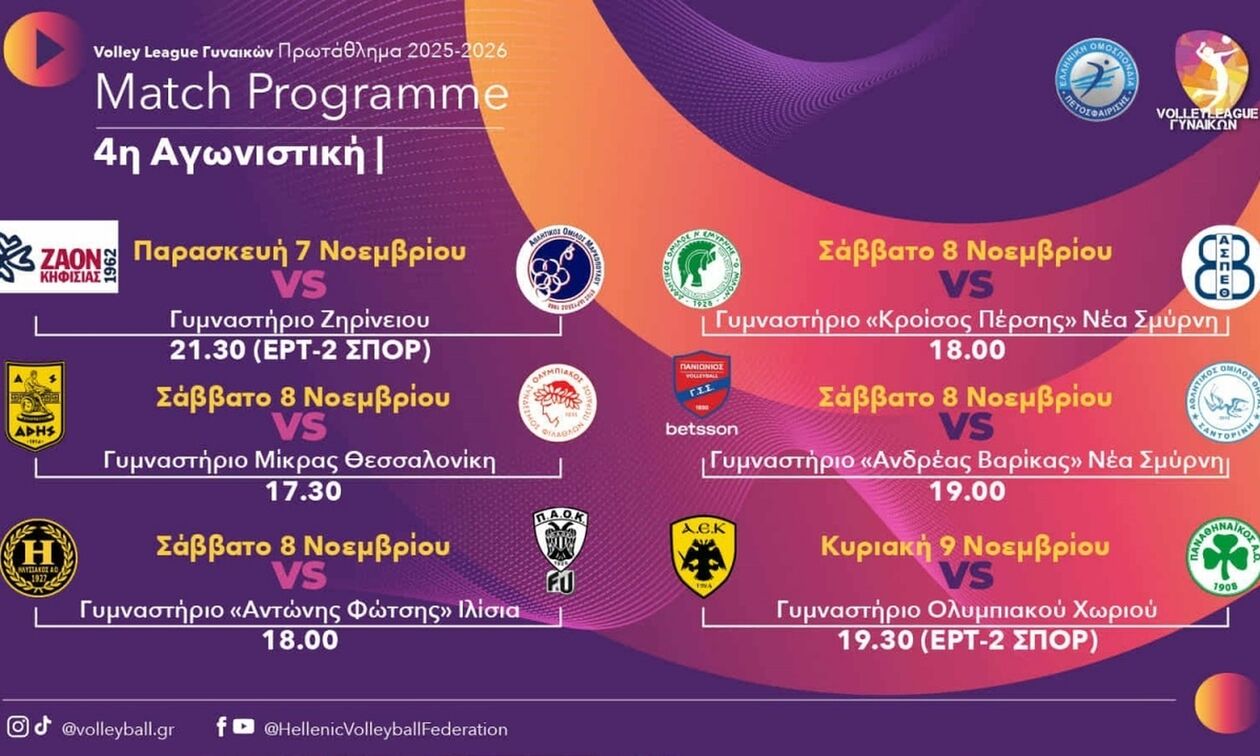 Volley League Γυναικών: Το πρόγραμμα της 4ης αγωνιστικής