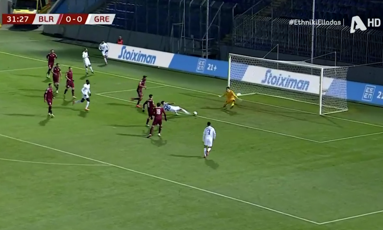 Λευκορωσία - Ελλάδα: Ο Μασούρας έστειλε την μπάλα στο δοκάρι από ευνοϊκή θέση (vid)