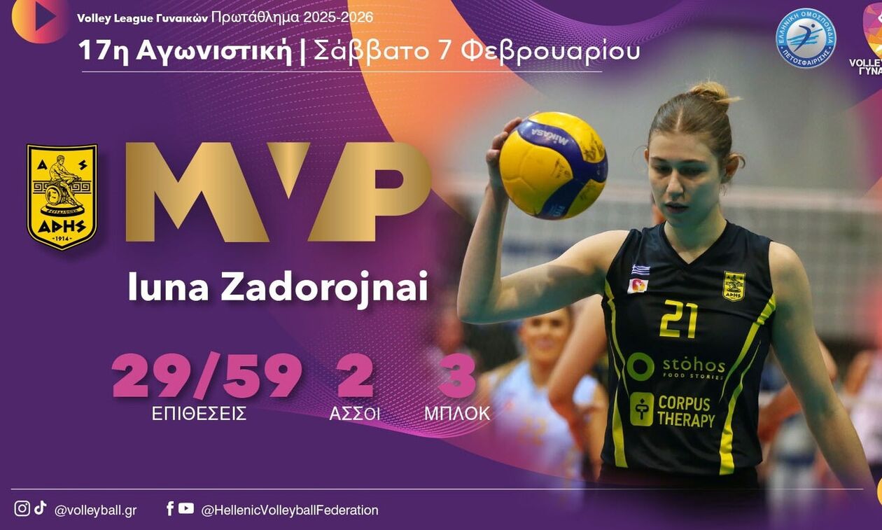Volley League Γυναικών: MVP της 17ης αγωνιστικής η Ζαντοροζνάι 