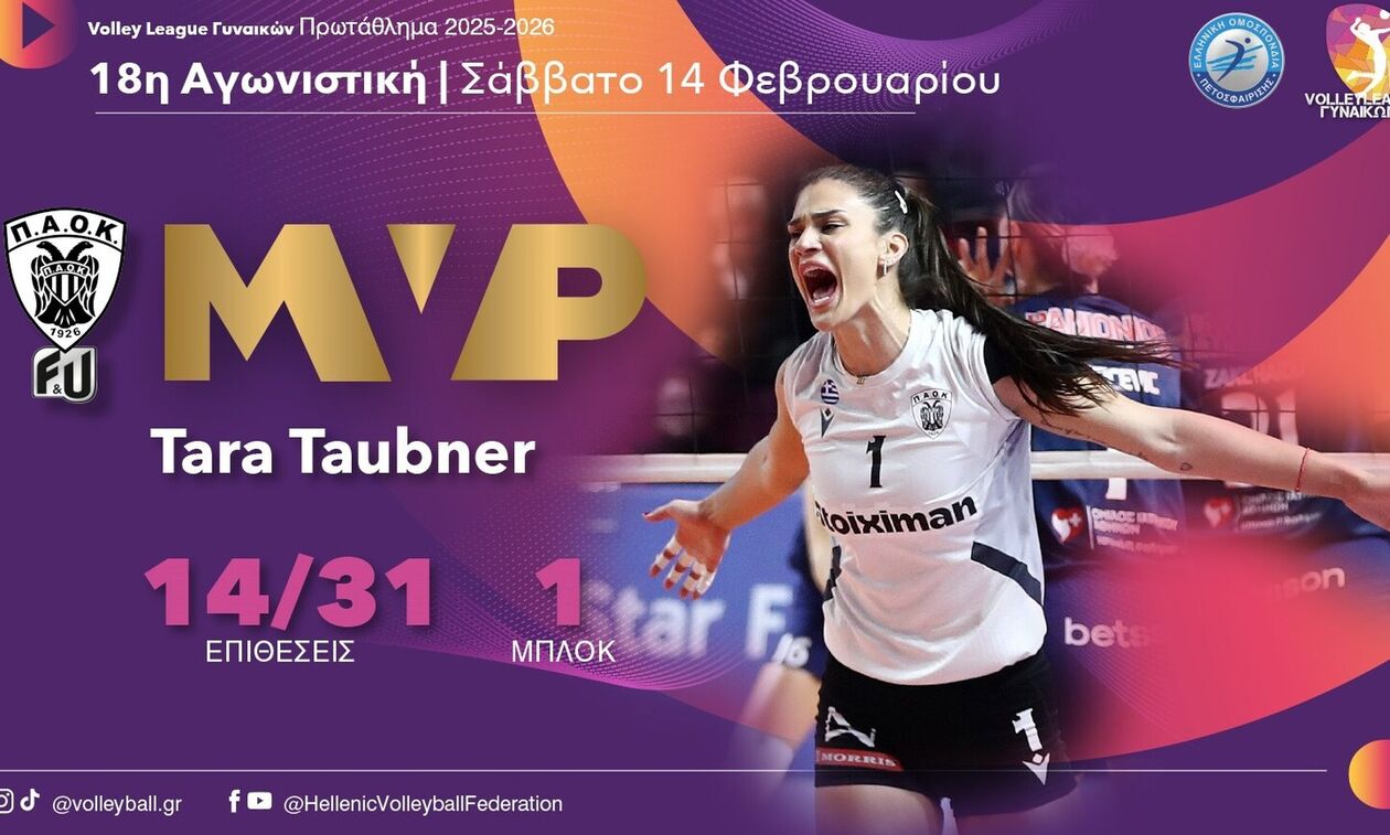 Volley League Γυναικών: Η Τάουμπνερ αναδείχθηκε MVP της 18ης αγωνιστικής