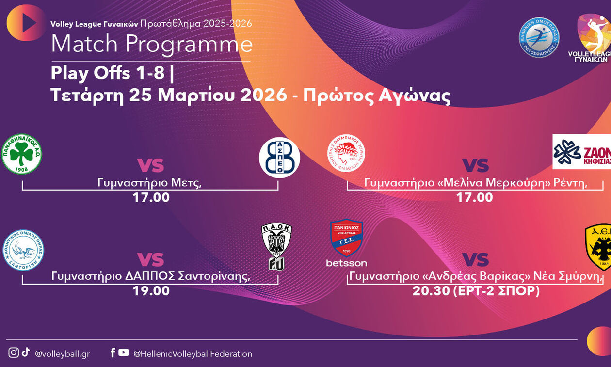 Volley League Γυναικών: Ανοίγει το πρόγραμμα των πλέι οφ 1-8
